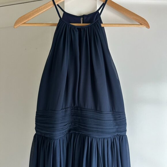 Bill Levkoff High-Neck Keyhole Chiffon Floor Length Bridesmaid Dress in Navy - Picture 4 of 13